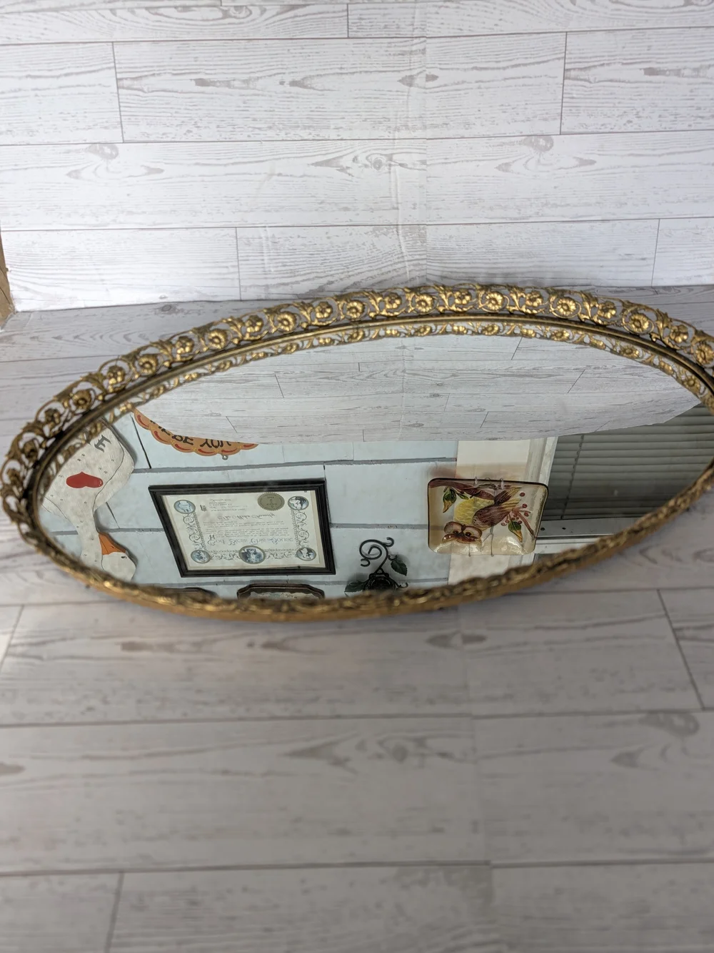 Vintage Hollywood Regency Gold Ormolu Mirrored Vanity Tray, Oval